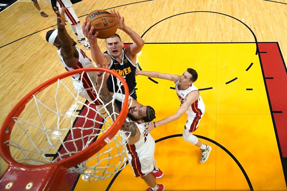 Nikola Jokic of the Denver Nuggets drives to the basket during the NBA Finals